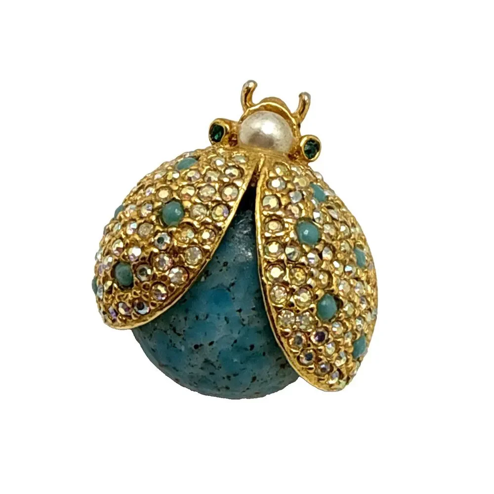 Vintage Unsigned Hattie Carnegie Ladybug Brooch Gold Tone Blue Body Beetle 1.25